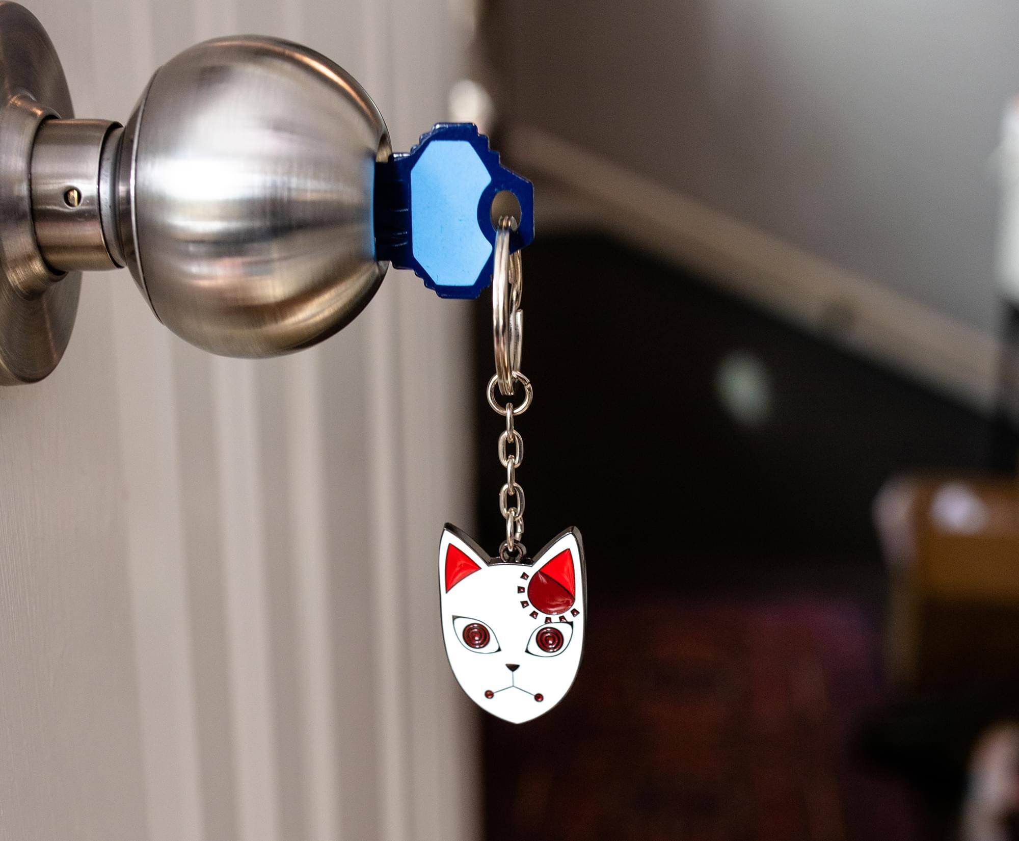 Alt View 2. Surreal Entertainment - Demon Slayer Tanjiro Kamado Fox Mask Enamel Pendant Keychain - White.