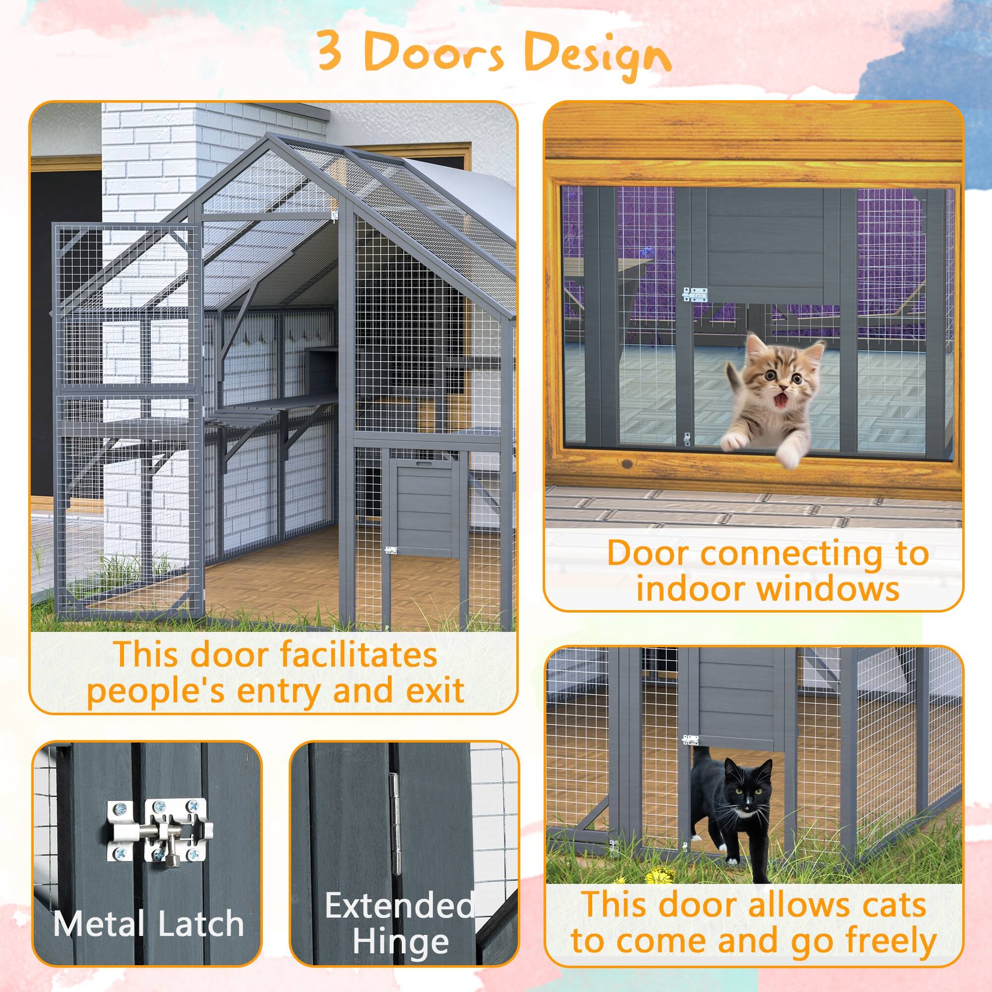 3 Doors Design

- Door connecting to indoor windows
- This door facilitates people's entry and exit
- Metal Latch
- Extended Hinge
- This door allows cats to come and go freely