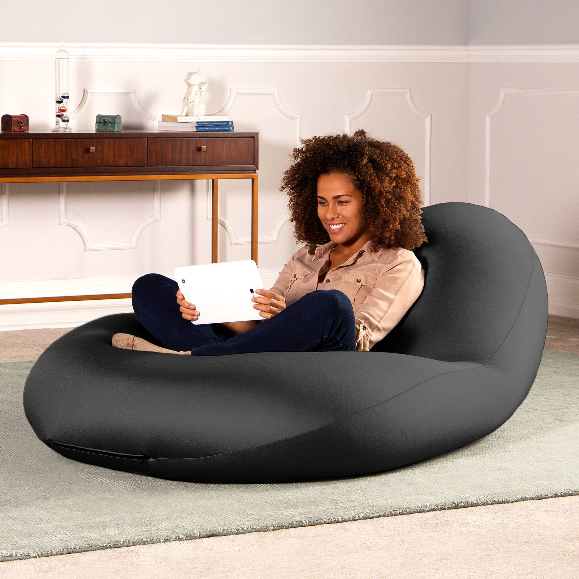 Left. Jaxx - Nimbus Spandex Bean Bag Chair, Large, Black - Black.