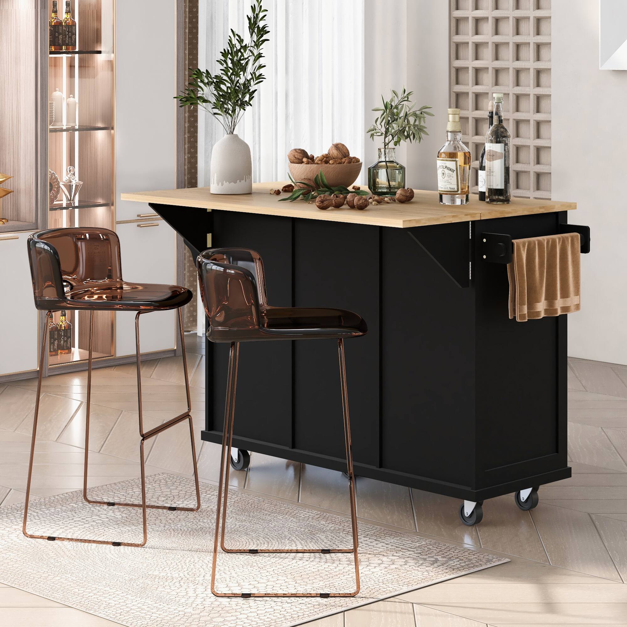 Alt View 5. ELEMENT ACE - Versatile Kitchen Utility Cart with Drop-Leaf Countertop, Storage Cabinet, and Drawers for Enhanced Organization - Black.