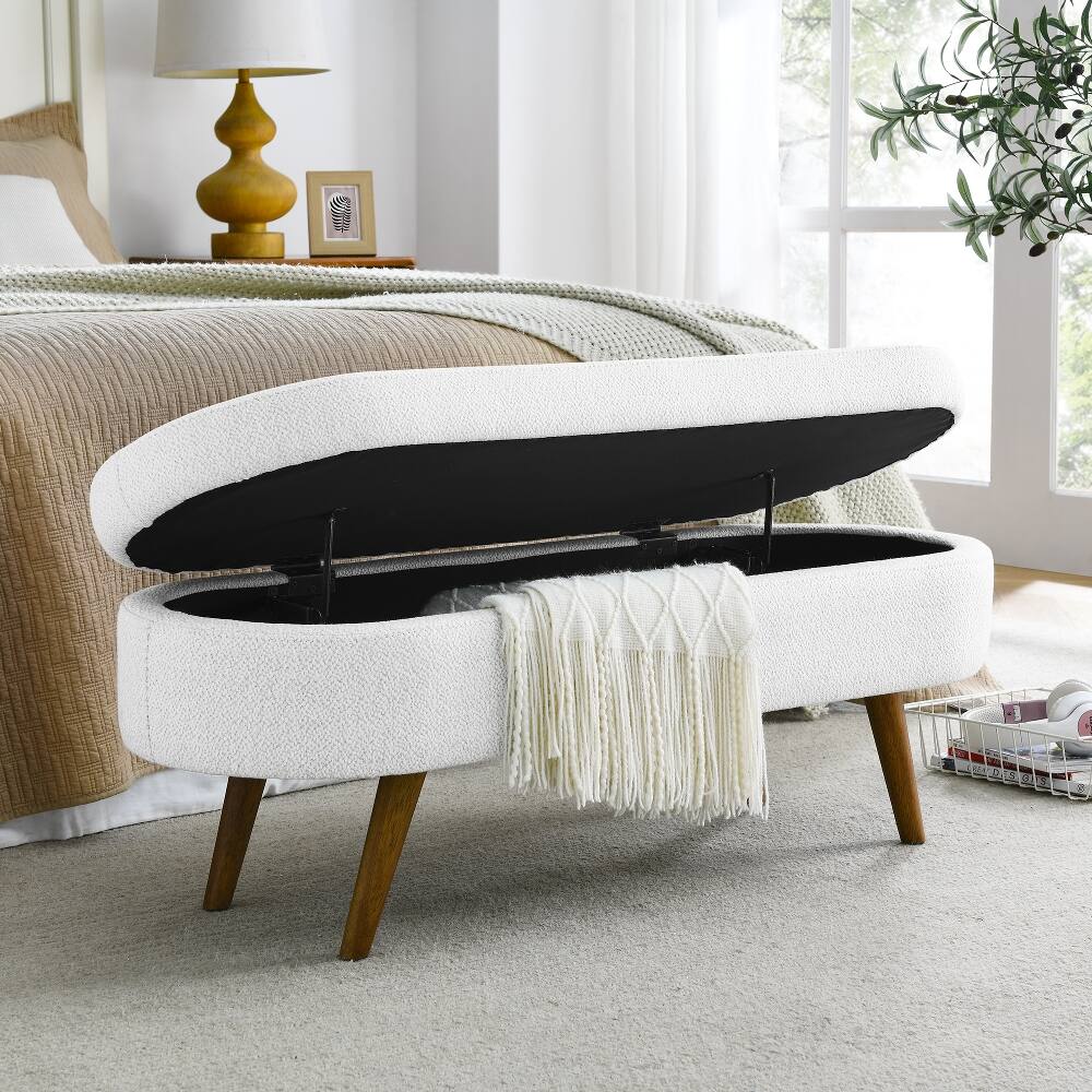Back. Ropilly - Ropilly White Oval Storage Bench Upholstered Linen Ottoman Seat with Rubber Wood Legs - White.