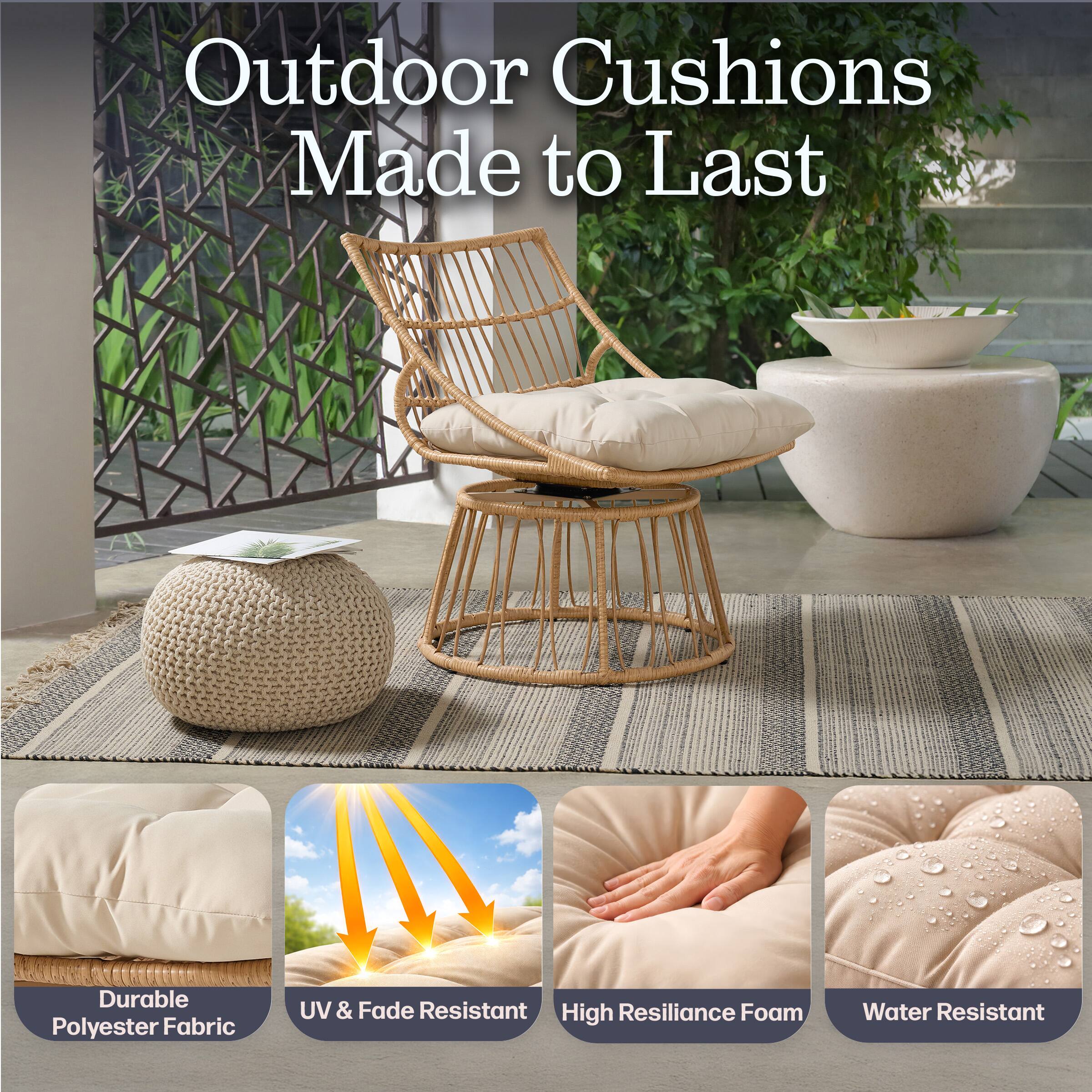Outdoor Cushions Made to Last

- Durable Polyester Fabric
- UV & Fade Resistant
- High Resilience Foam
- Water Resistant