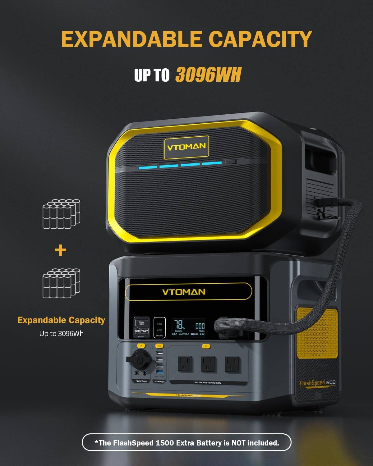 EXPANDABLE CAPACITY UP TO 3096Wh

VTOMAN

Expandable Capacity Up to 3096Wh

*The FlashSpeed 1500 Extra Battery is NOT included.