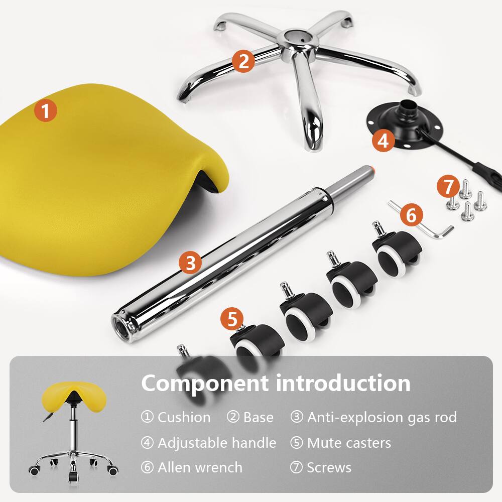 Component introduction

1. Cushion
2. Base
3. Anti-explosion gas rod
4. Adjustable handle
5. Mute casters
6. Allen wrench
7. Screws