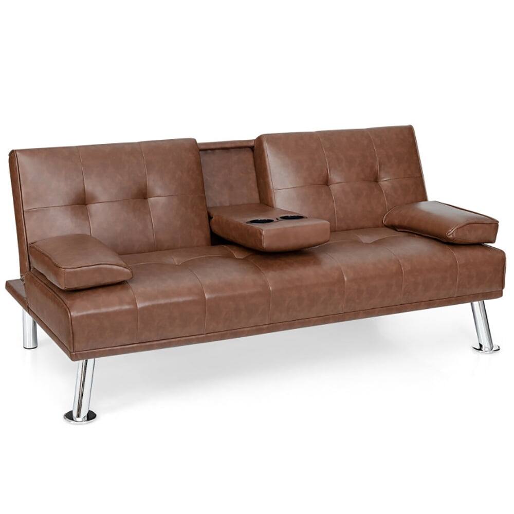 Left. Kadyn - Loveseat Sofa, Modern Couch, Convertible Folding Leather Futon Sofa with Cup Holders and Armrests-Brown - Brown.
