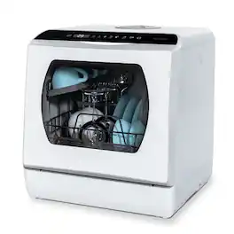 GlowWise - Countertop Dishwasher, 5 Washing Programs Portable Dishwasher With 5-Liter Built-in Water Tank For Glass Door - White