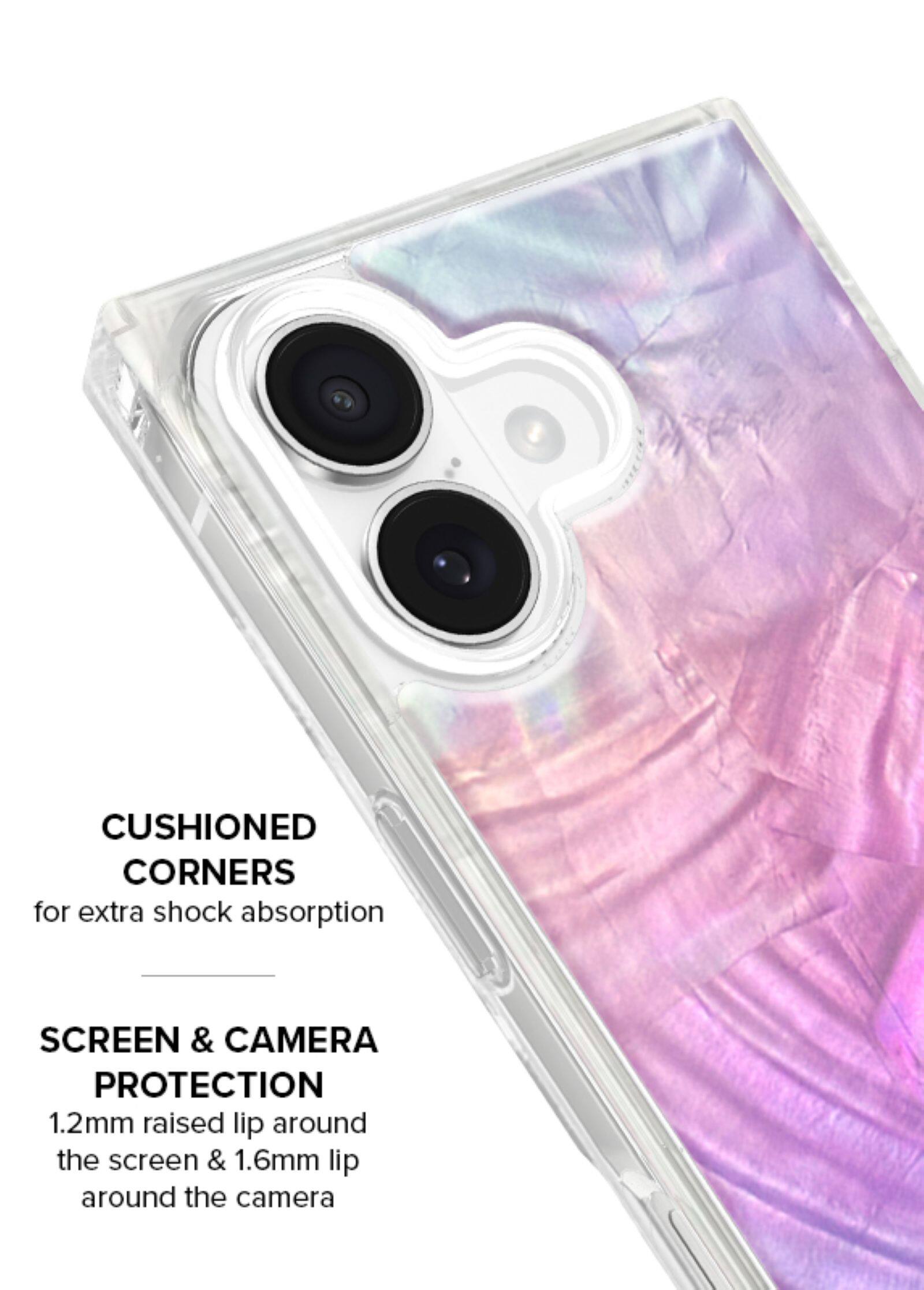 CUSHIONED CORNERS for extra shock absorption

SCREEN & CAMERA PROTECTION
1.2mm raised lip around the screen & 1.6mm lip around the camera