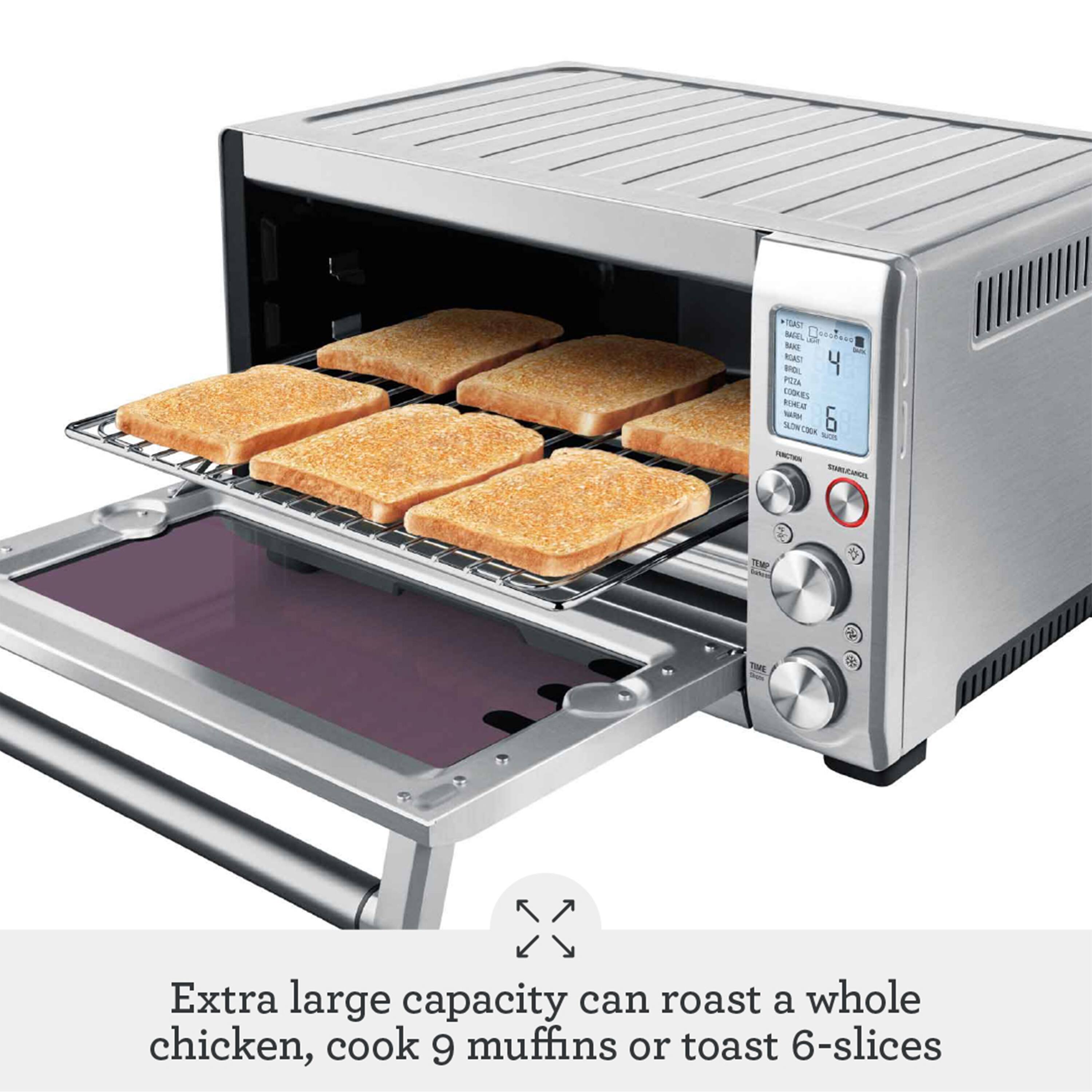 Extra large capacity can roast a whole chicken, cook 9 muffins or toast 6-slices