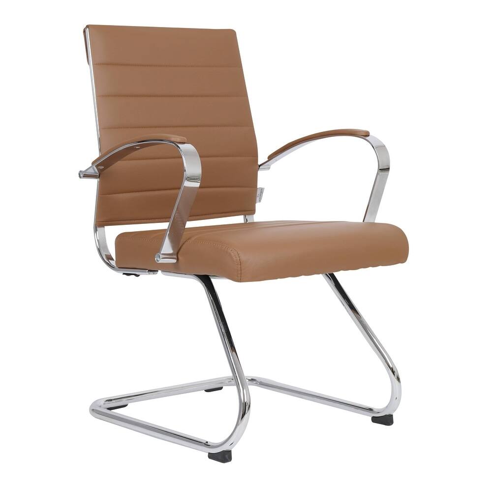 LeisureMod - Benmar Office Chair, Ribbed Leather Upholstery with Chrome Arms and Sled Base, Modern Desk Seating for Home or Office - Light Brown