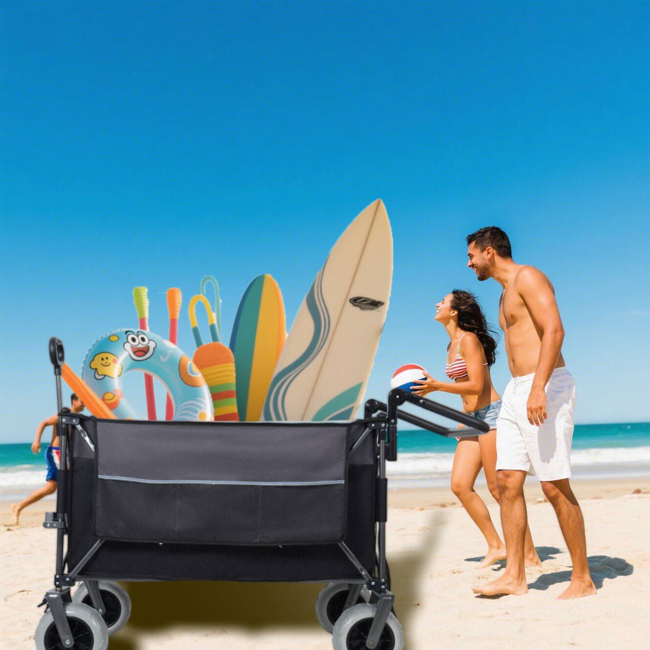 Alt View 2. Mondawe - 300L XL Push-Pull Folding Wagon Utility Carts w/ 9"x4" Beach Tires, 360° Wheels, Adjustable Handle for Camping/Beach - Black.