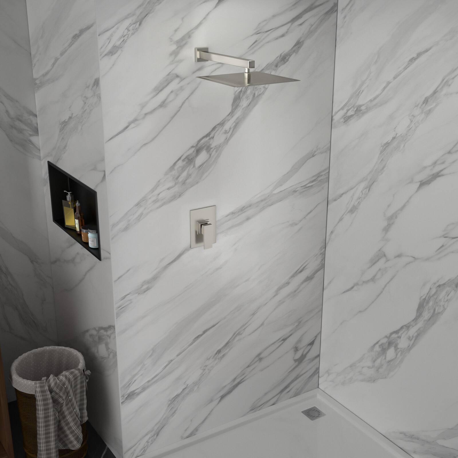 Back. Lordear - 10-Inch Square Rainfall Shower System with Pressure-Balancing Valve, Wall-Mounted in Brushed Nickel - Brushed Nickel.