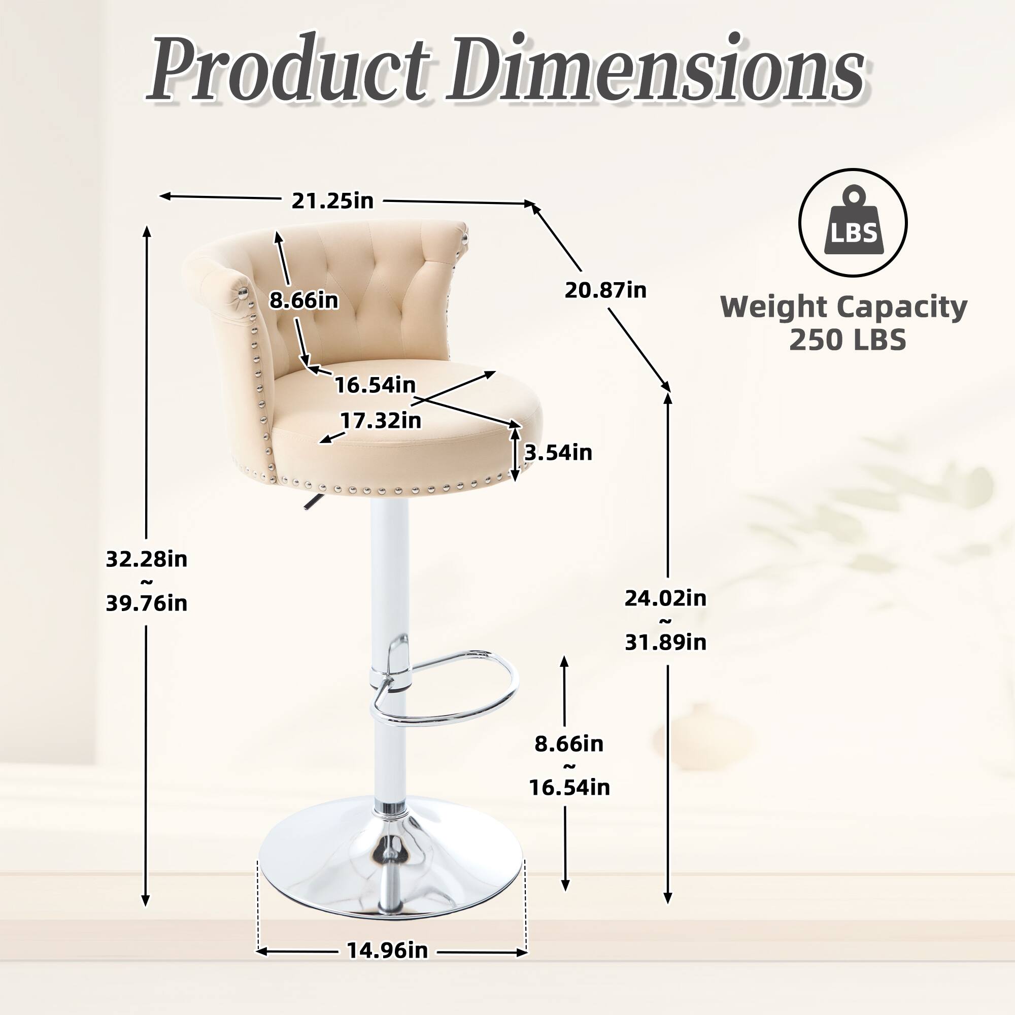 Product Dimensions  
- Length: 21.25in  
- Width: 20.87in  
- Height: 39.76in (approx. 32.28in)  
- Seat Height: 16.54in  
- Seat Depth: 17.32in  
- Back Height: 8.66in  
- Armrest Height: 16.54in  
- Base Diameter: 14.96in  

Weight Capacity: 250 LBS
