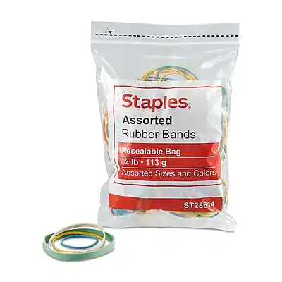 Staples
Assorted Rubber Bands
Reeasable Bag
1/4 lb - 113 g
Assorted Sizes and Colors
ST28614