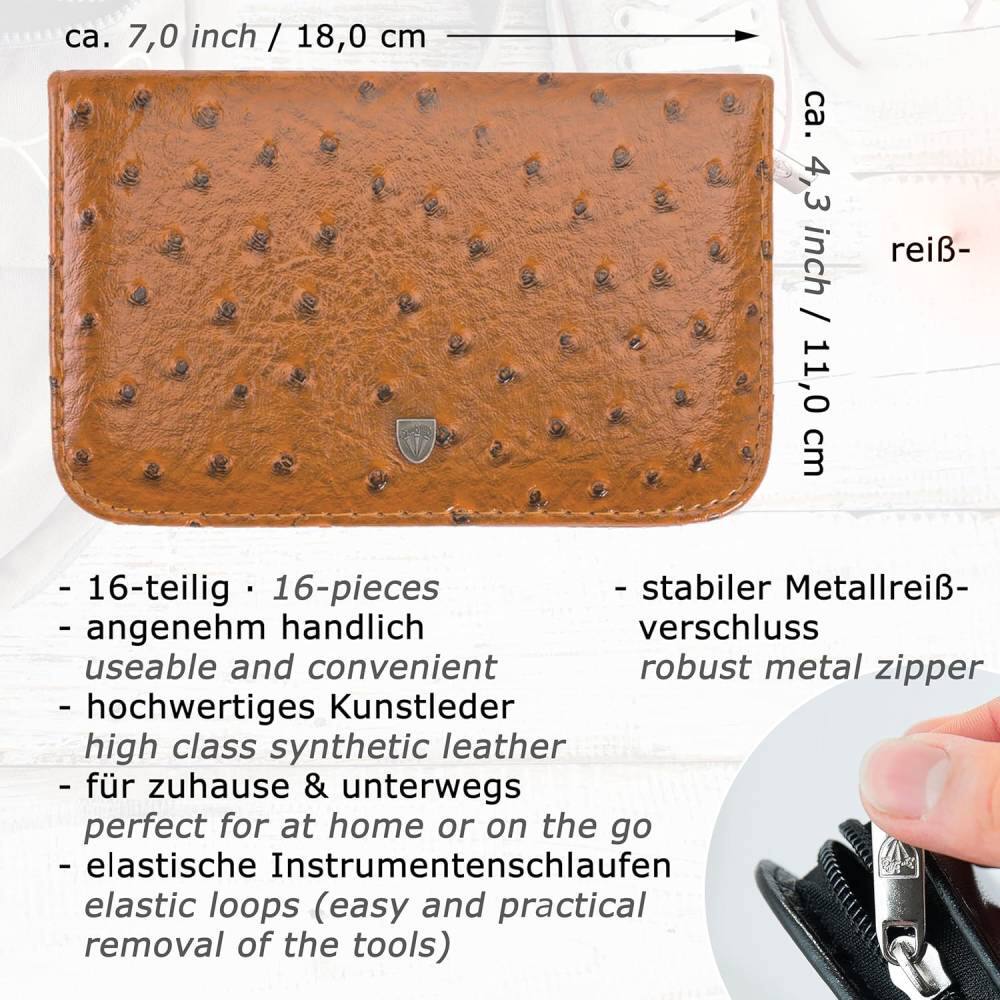 - ca. 7,0 inch / 18,0 cm
- ca. 4,3 inch / 11,0 cm

- 16-teilig • 16-pieces
- angenehm handlich • useable and convenient
- hochwertiges Kunstleder • high class synthetic leather
- für zuhause & unterwegs • perfect for at home or on the go
- elastische Instrumentenschlaufen • elastic loops (easy and practical removal of the tools)

- stabiler Metallreißverschluss • robust metal zipper