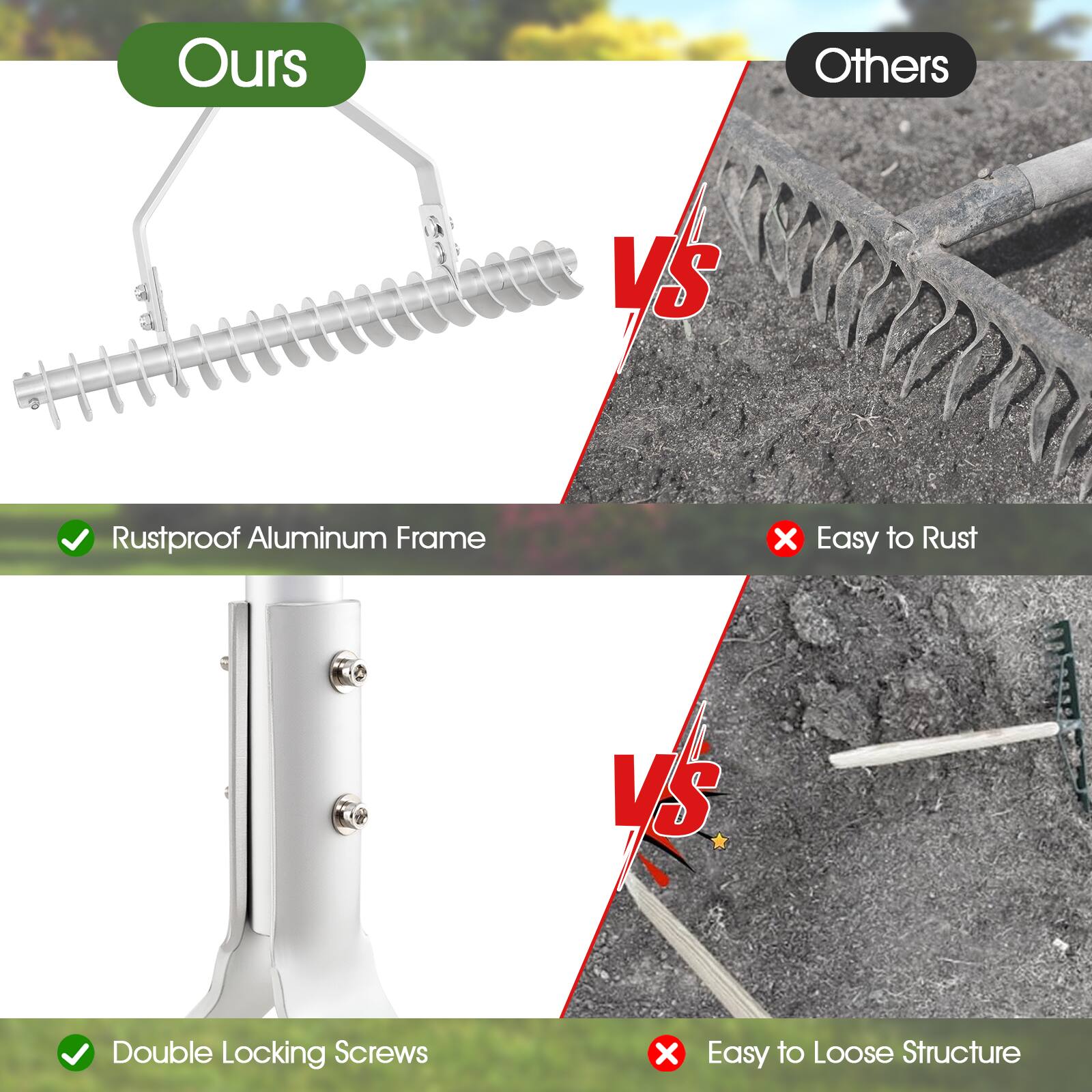 Ours  
- Rustproof Aluminum Frame  
- Double Locking Screws  

Others  
- Easy to Rust  
- Easy to Loose Structure