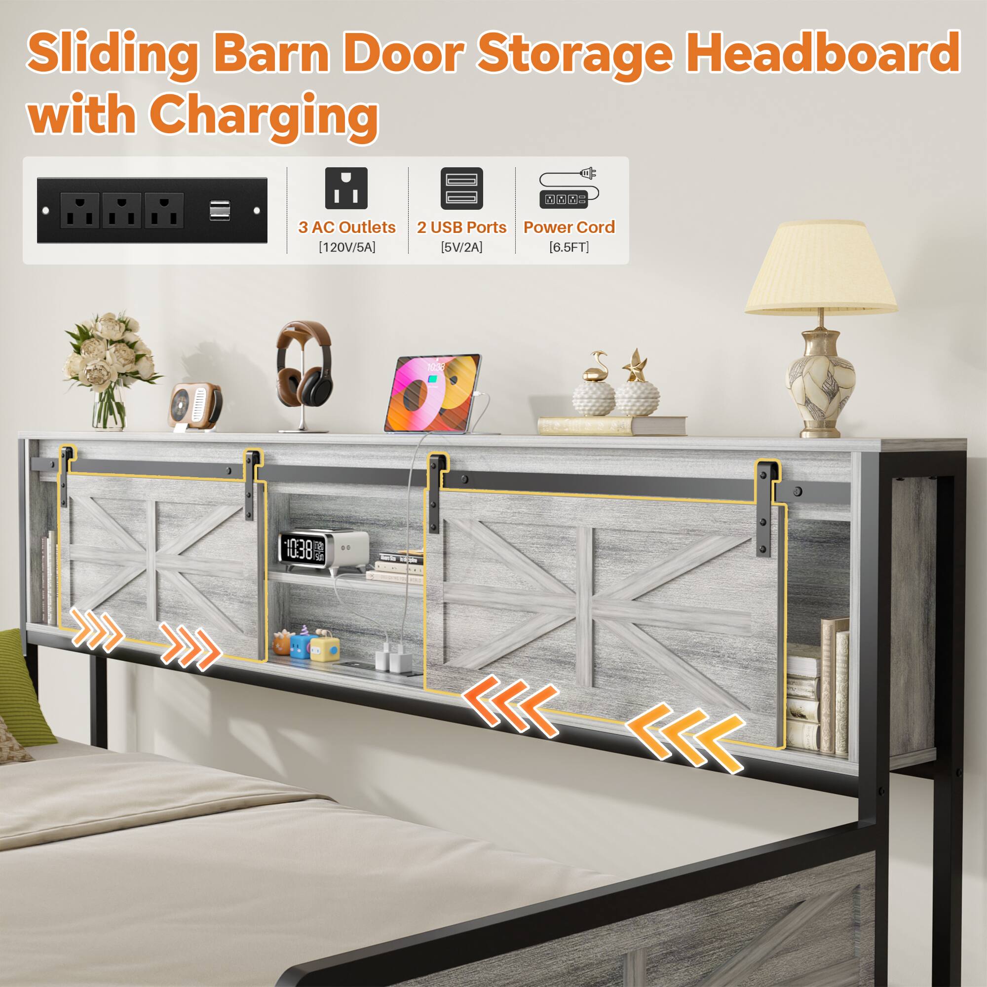 Sliding Barn Door Storage Headboard with Charging

- 3 AC Outlets [120V/5A]
- 2 USB Ports [5V/2A]
- Power Cord [6.5FT]
