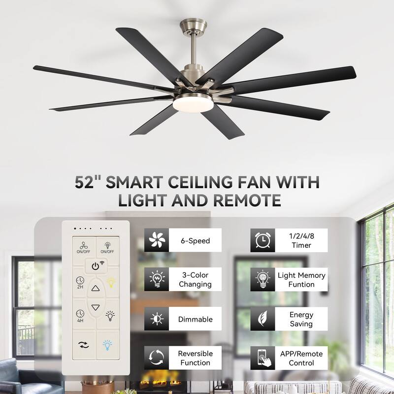 52" SMART CEILING FAN WITH LIGHT AND REMOTE

- 6-Speed
- 3-Color Changing
- Dimmable
- Reversible Function
- 1/2/4/8 Timer
- Light Memory Function
- Energy Saving
- APP/Remote Control