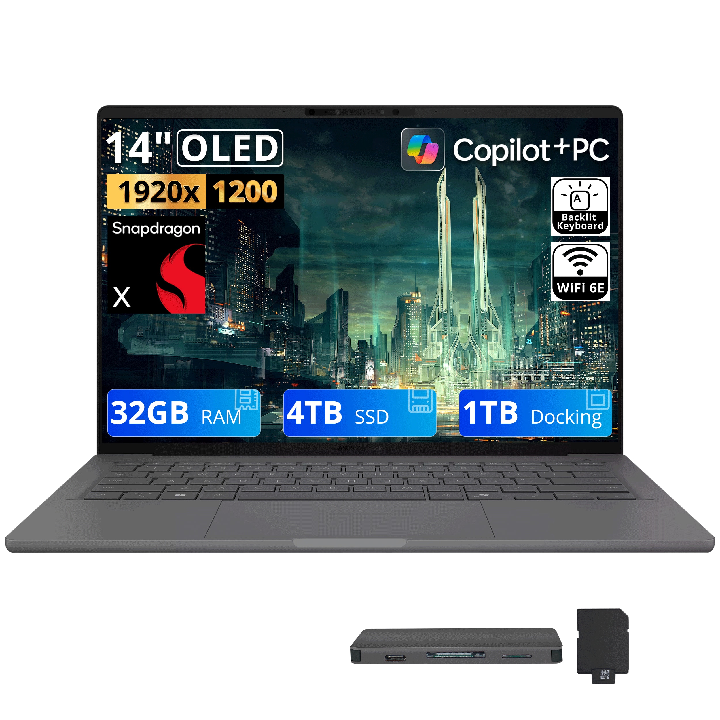 "ASUS - Upgraded - Zenbook A14 14"" WUXGA OLED Laptop,Snapdragon X,32GB RAM,4TB SSD+1TB Dock Set,Backlit,Wi-Fi 6E,Win 11 - Iceland Gray" price history on PriceWatchPro