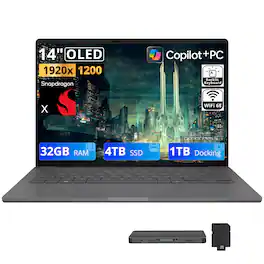 ASUS - Upgraded - Zenbook A14 14" WUXGA OLED Laptop,Snapdragon X,32GB RAM,4TB SSD+1TB Dock Set,Backlit,Wi-Fi 6E,Win 11 - Iceland Gray