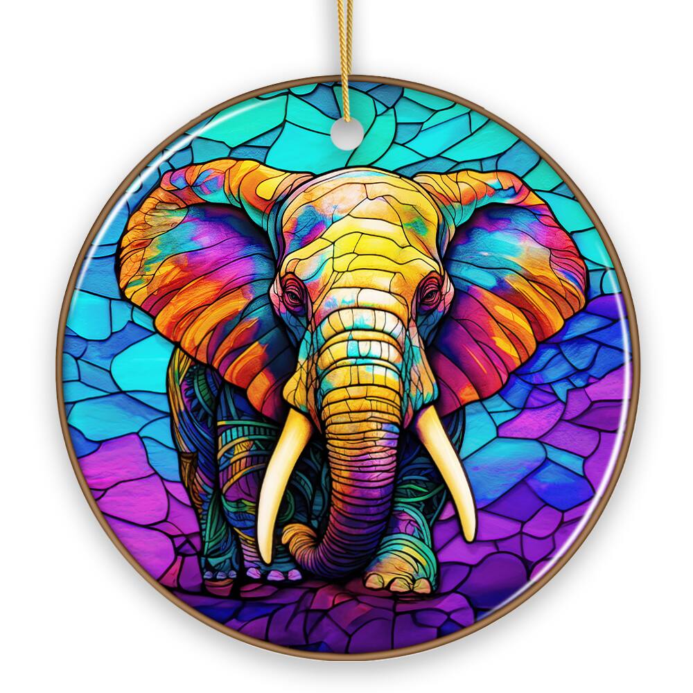 Front. OrnamentallyYou - Forest Giants Elephant Stained Glass Style Ceramic Ornament Safari Animals Christmas Gift and Decor - Multi-colored.