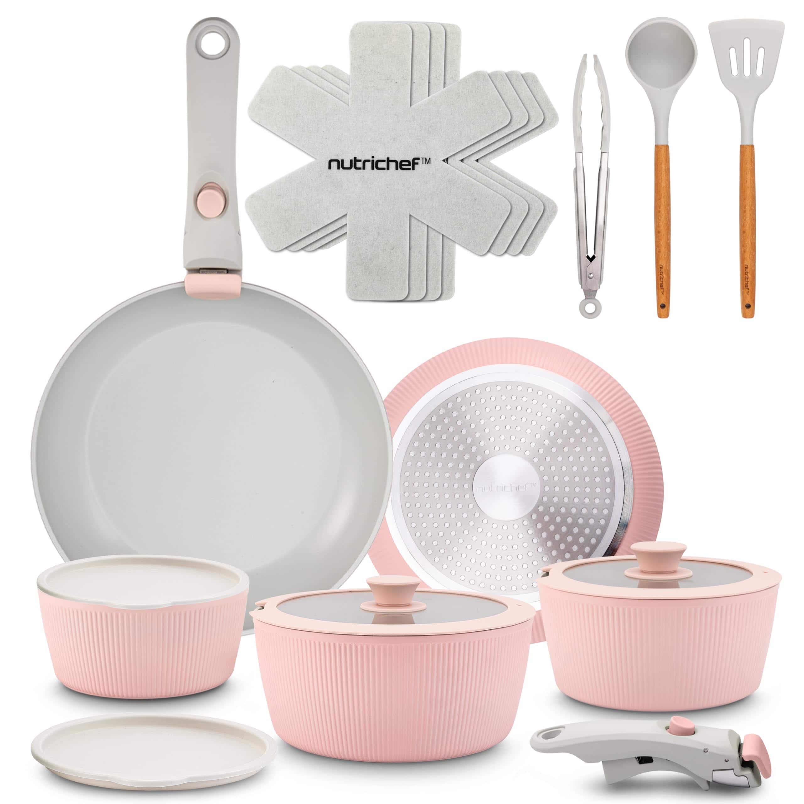 NutriChef - 18-Piece Ceramic Cookware Set with Detachable Handles, Non Stick Pots and Pans - Pink