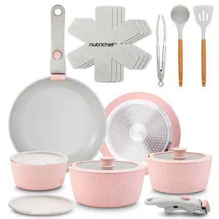 Front. NutriChef - NutriChef 18-Piece Ceramic Cookware Set with Detachable Handles, Non Stick Pots and Pans (Pink) - Pink.