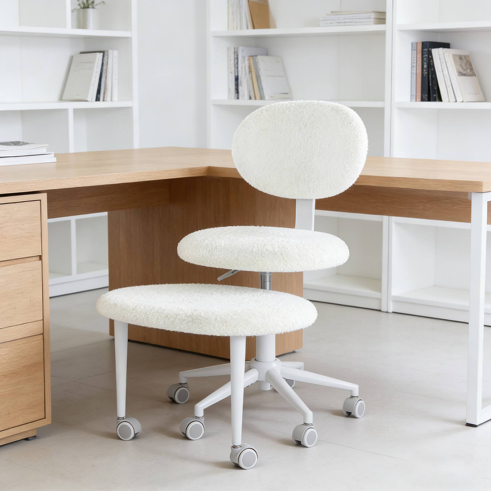 Alt View 1. Pinmoco - Pinmoco - Upholstered Office Chair Adjustable Height Ergonomic Office Chair with Lumbar Support and Wheels - Fleece Fabric Off-White.