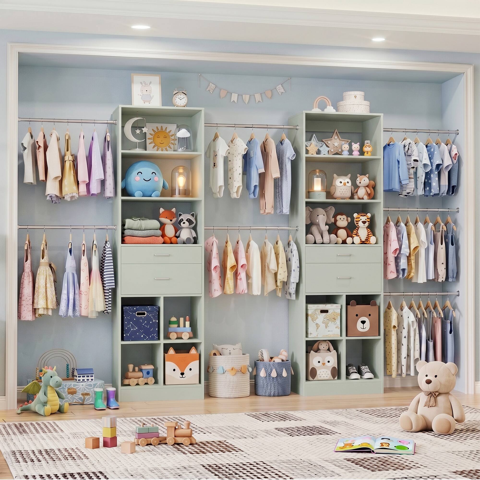 Back. Aheaplus - Small Closet System, 3.2-6.8FT Adjustable Closet Organizer with 2 Drawers & 5 Hanging Rods - Cyan.