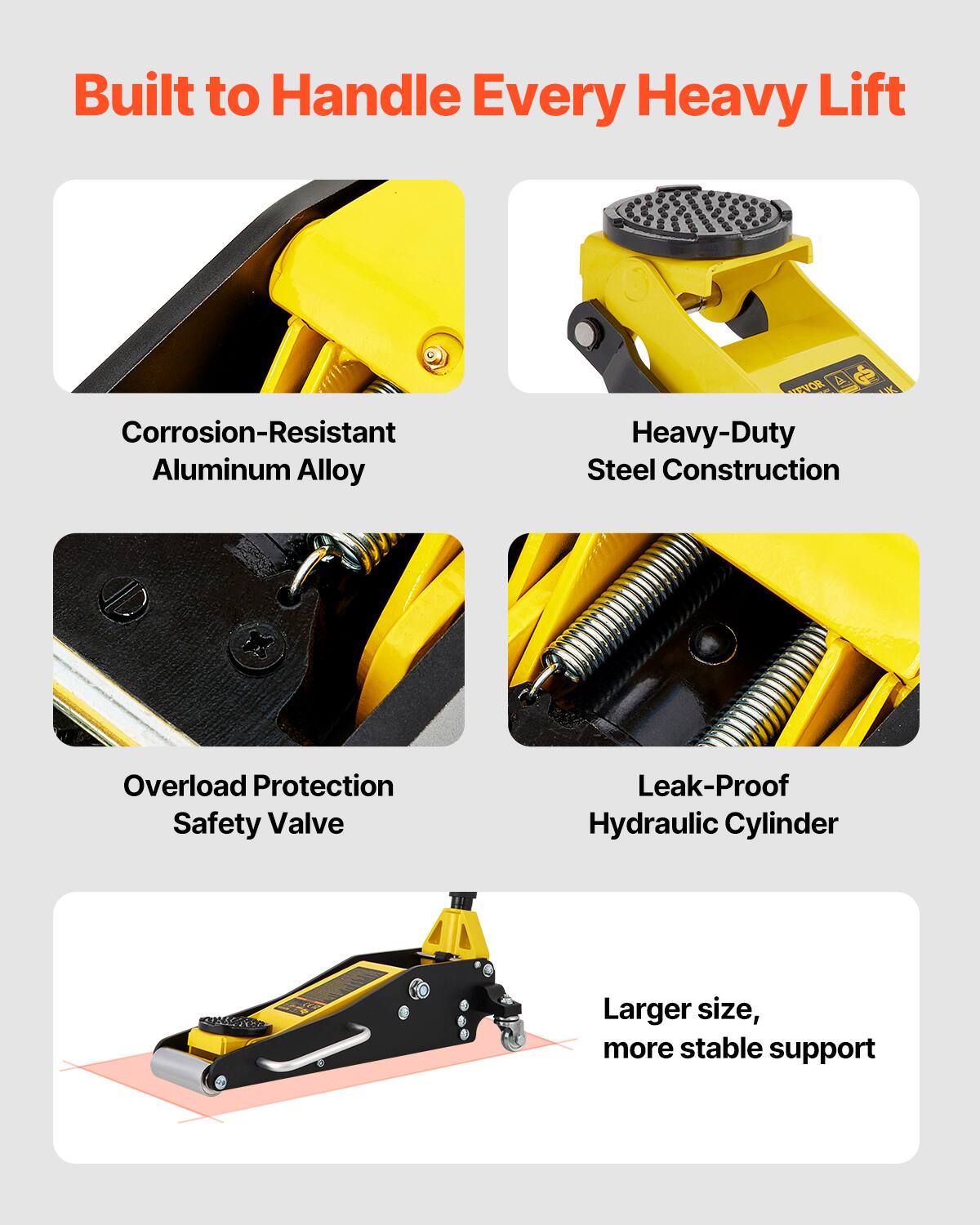 Built to Handle Every Heavy Lift

- Corrosion-Resistant Aluminum Alloy
- Heavy-Duty Steel Construction
- Overload Protection Safety Valve
- Leak-Proof Hydraulic Cylinder
- Larger size, more stable support