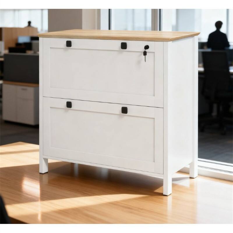 Alt View 4. HTUTWOO - Lateral File Cabinet - Filing Cabinet with Adjustable Hanging Bar, Lockable Top Drawer with Keys for Home and Office - White+Oak.