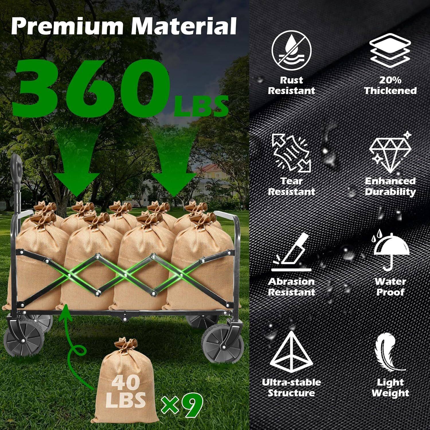 Premium Material  
360 LBS  
Rust Resistant  
20% Thickened  
Tear Resistant  
Enhanced Durability  
Abrasion Resistant  
Water Proof  
40 LBS x9  
Ultra-stable Structure  
Light Weight