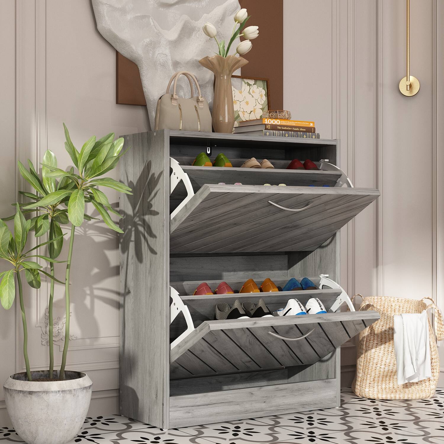 Alt View 1. Famapy - Famapy Flip - Down Shoe Rack Rustic Wood Style Adjustable Storage Shoe Cabinet - Gray.