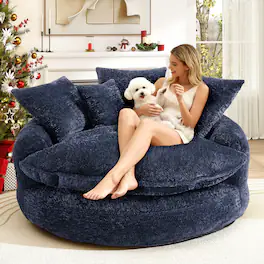 Anysun - Oversized Round Comfortable Chenille Foam Chair with Pillows - Blue