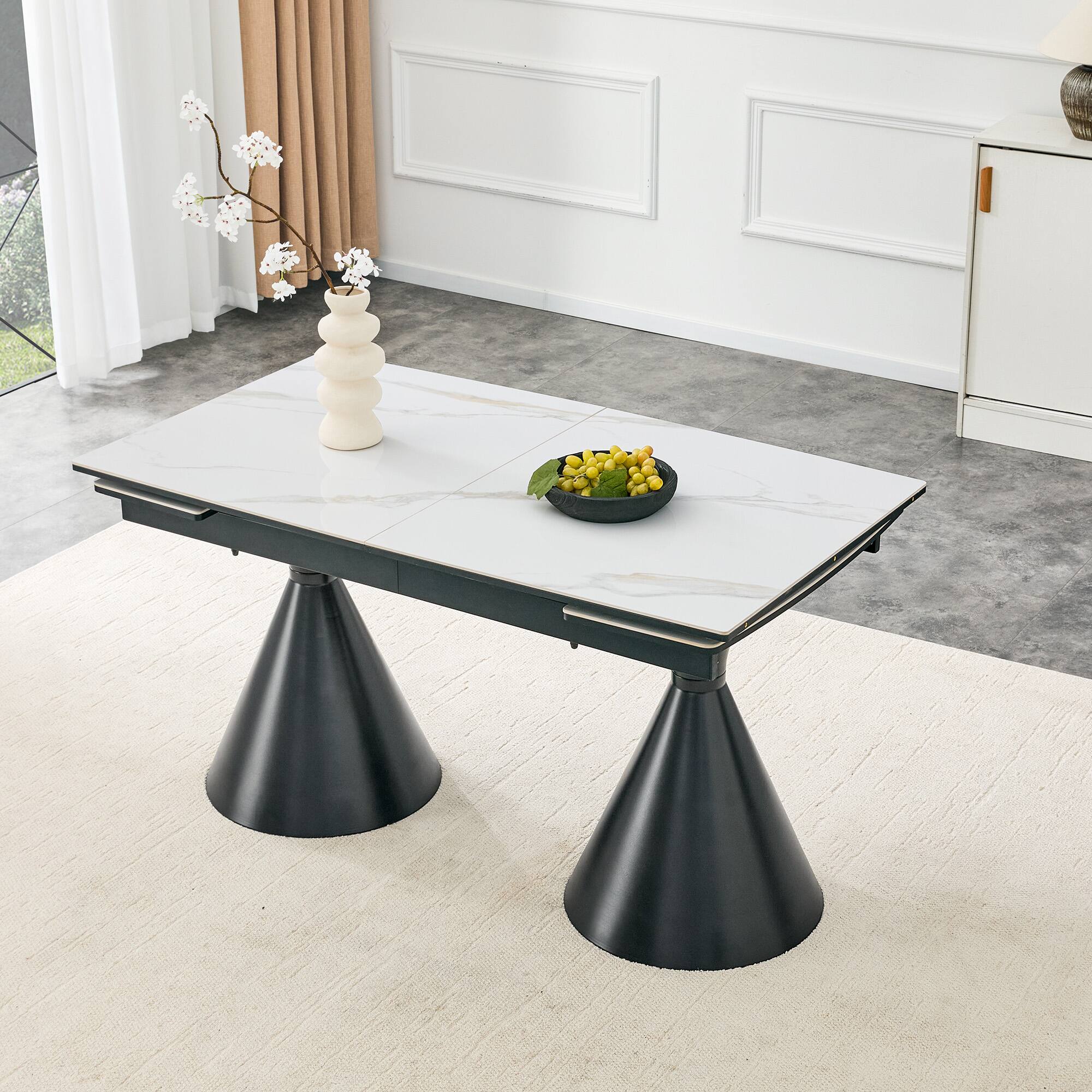 Angle. Anysun - Modern Extendable Stone-Top Dining Table – Marble-Patterned Tabletop with Tapered Metal Legs, Rectangular - Black, White.