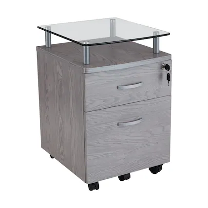 Front. HTUTWOO - Rolling File Cabinet with Glass Top - Locking Drawers, Mobile with Casters, Tempered Glass Shelf - Gray.