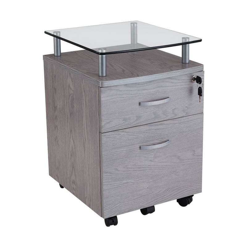 Front. HTUTWOO - Rolling File Cabinet with Glass Top - Locking Drawers, Mobile with Casters, Tempered Glass Shelf - Gray.