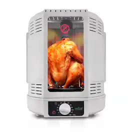 NutriChef - Vertical Rotisserie Oven Roaster - Rotating Shawarma/Kebab Machine with Skewer and Rack, Basket Tower - White