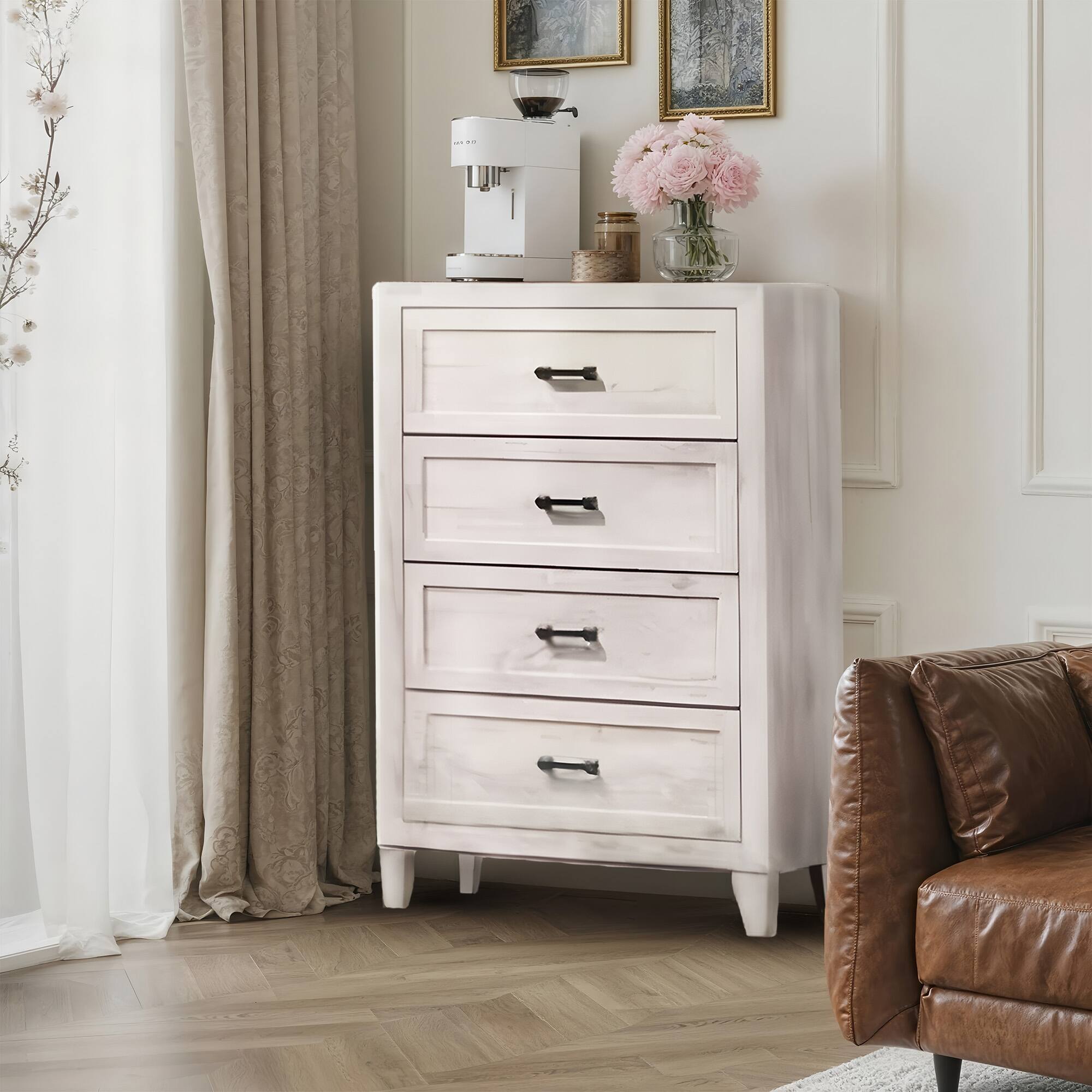 Left. Vaczon - 4 Drawer Dresser, Chest of Drawers for Bedroom Storage, Organizer for Clothes, Storage Cabinet for Bedroom, Living Room - White Wash.