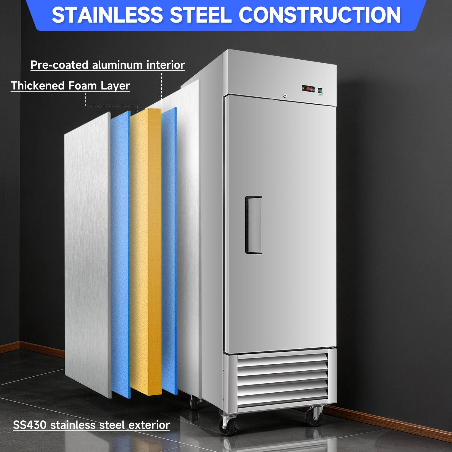 STAINLESS STEEL CONSTRUCTION

- Pre-coated aluminum interior
- Thickened Foam Layer
- SS430 stainless steel exterior