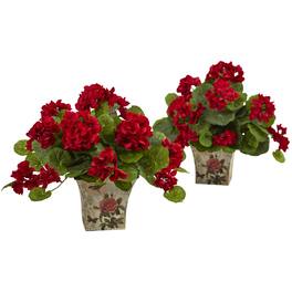 BreeBe - 11" Geranium Flowering Plant with Floral Planter (set of 2) - Green