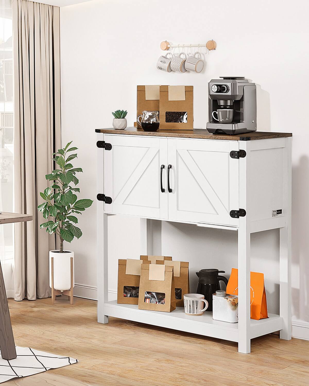 Angle. VEVOR - Coffee Bar Cabinet, 31.5 x 13.8 x 34.6 in Farmhouse Coffee Bar Cabinet with 3-Tier Storage, Coffee Bar Table - Brown + White.