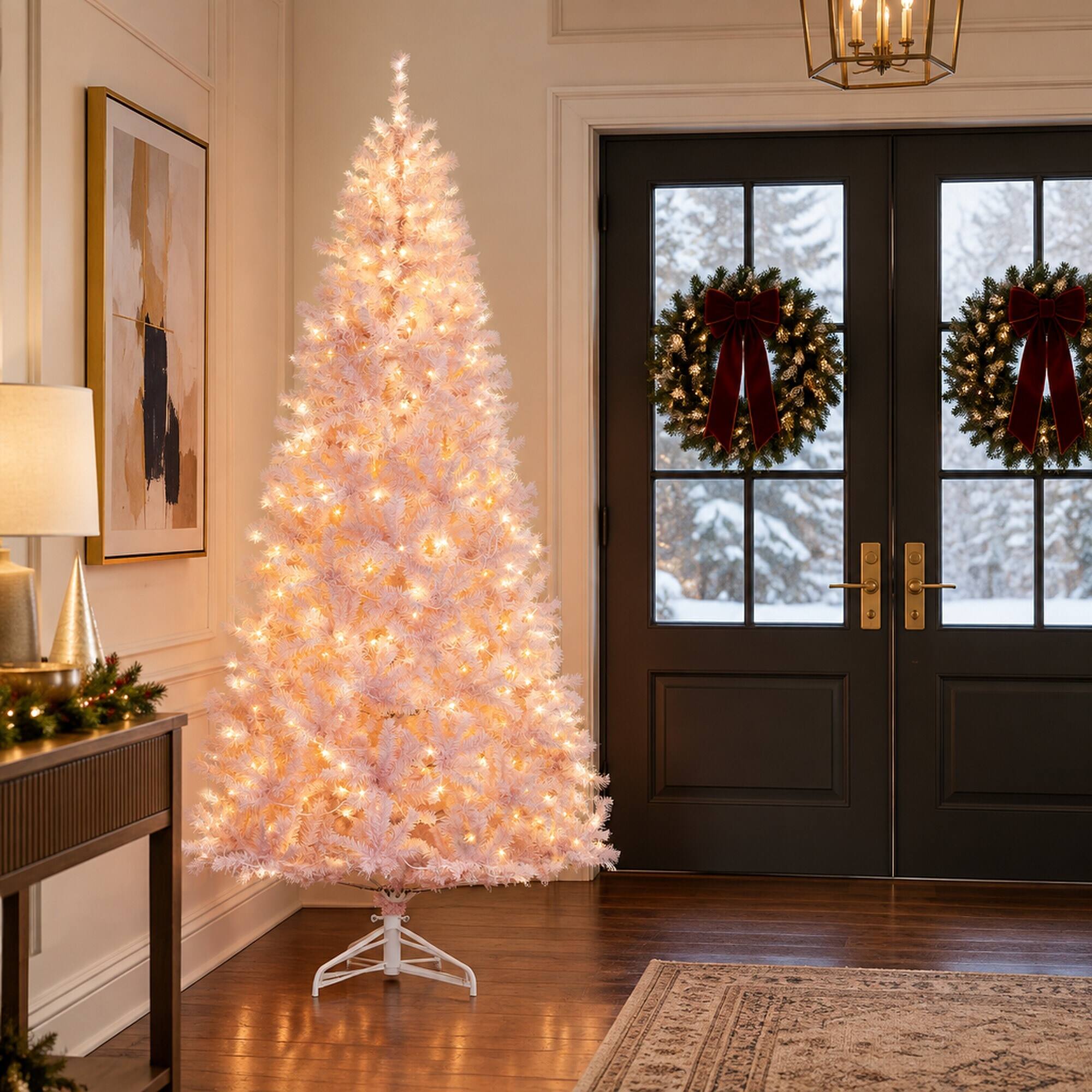 Alt View 2. RYHNUYNE - 7.5 Ft Douglas Fir Pink Artificial Christmas Tree With 500 Warm White LED Lights, 1346 Tips Metal Stand Decor - Pink.