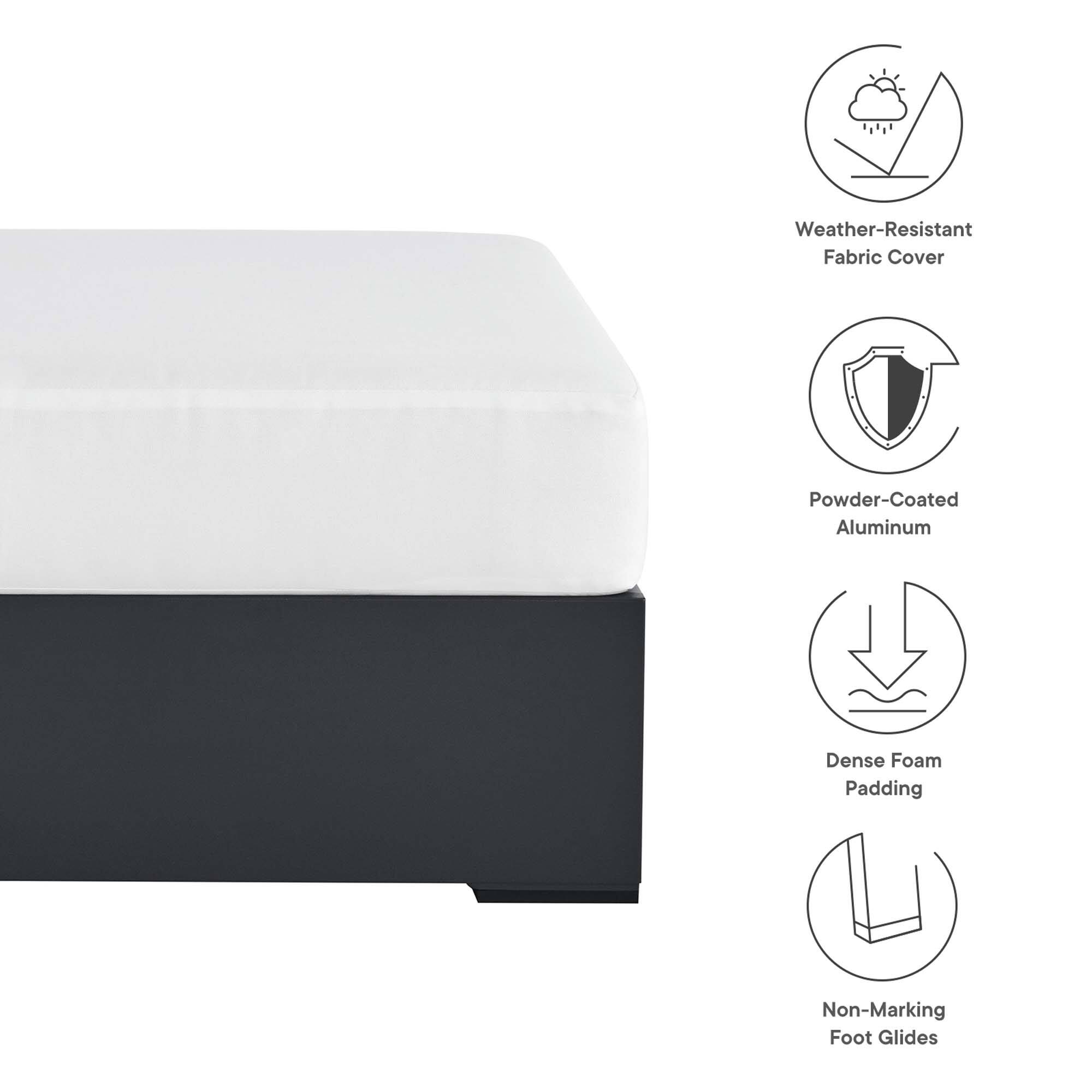 - Weather-Resistant Fabric Cover
- Powder-Coated Aluminum
- Dense Foam Padding
- Non-Marking Foot Glides