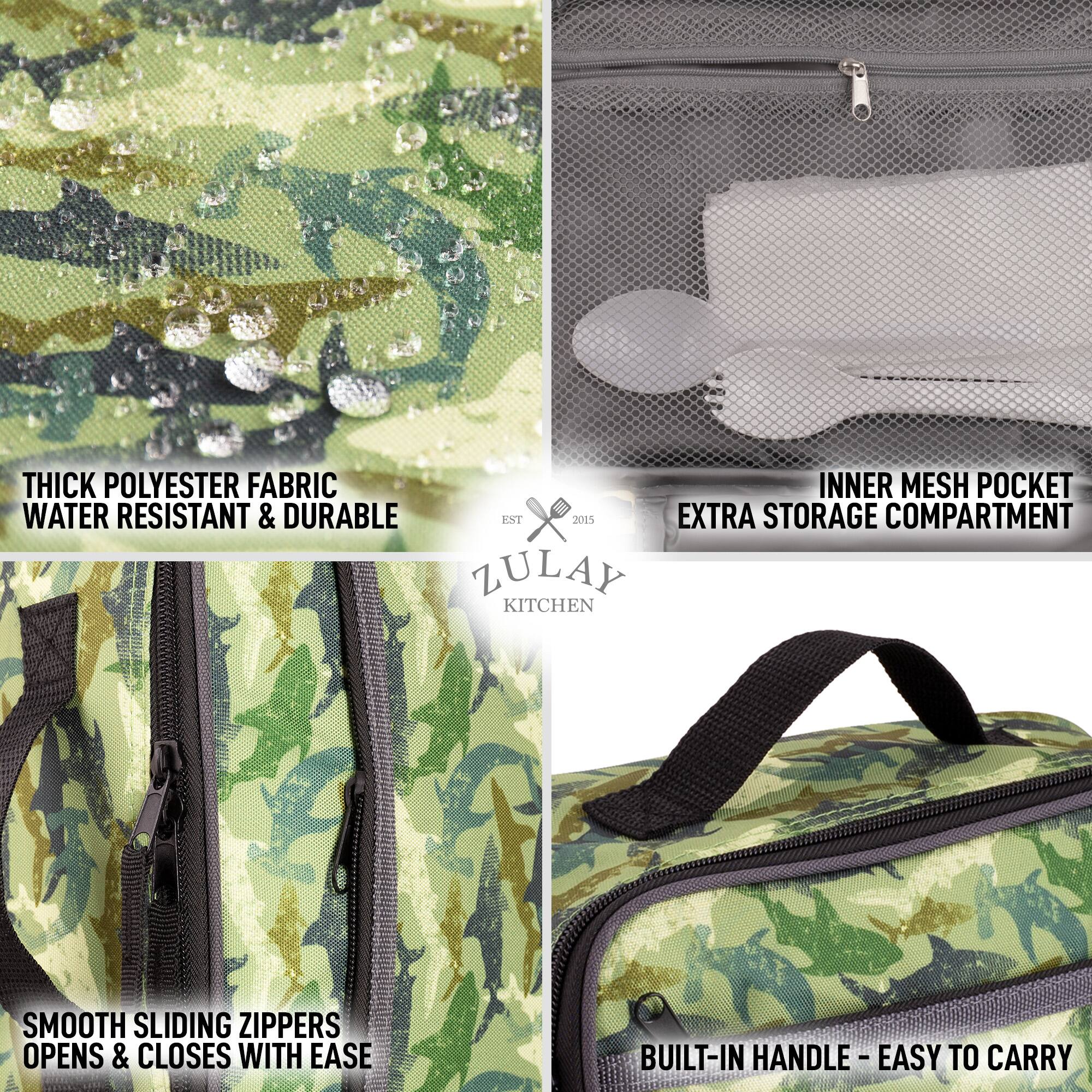 THICK POLYESTER FABRIC WATER RESISTANT & DURABLE, SMOOTH SLIDING ZIPPERS OPENS & CLOSES WITH EASE, INNER MESH POCKET EXTRA STORAGE COMPARTMENT, BUILT-IN HANDLE - EASY TO CARRY