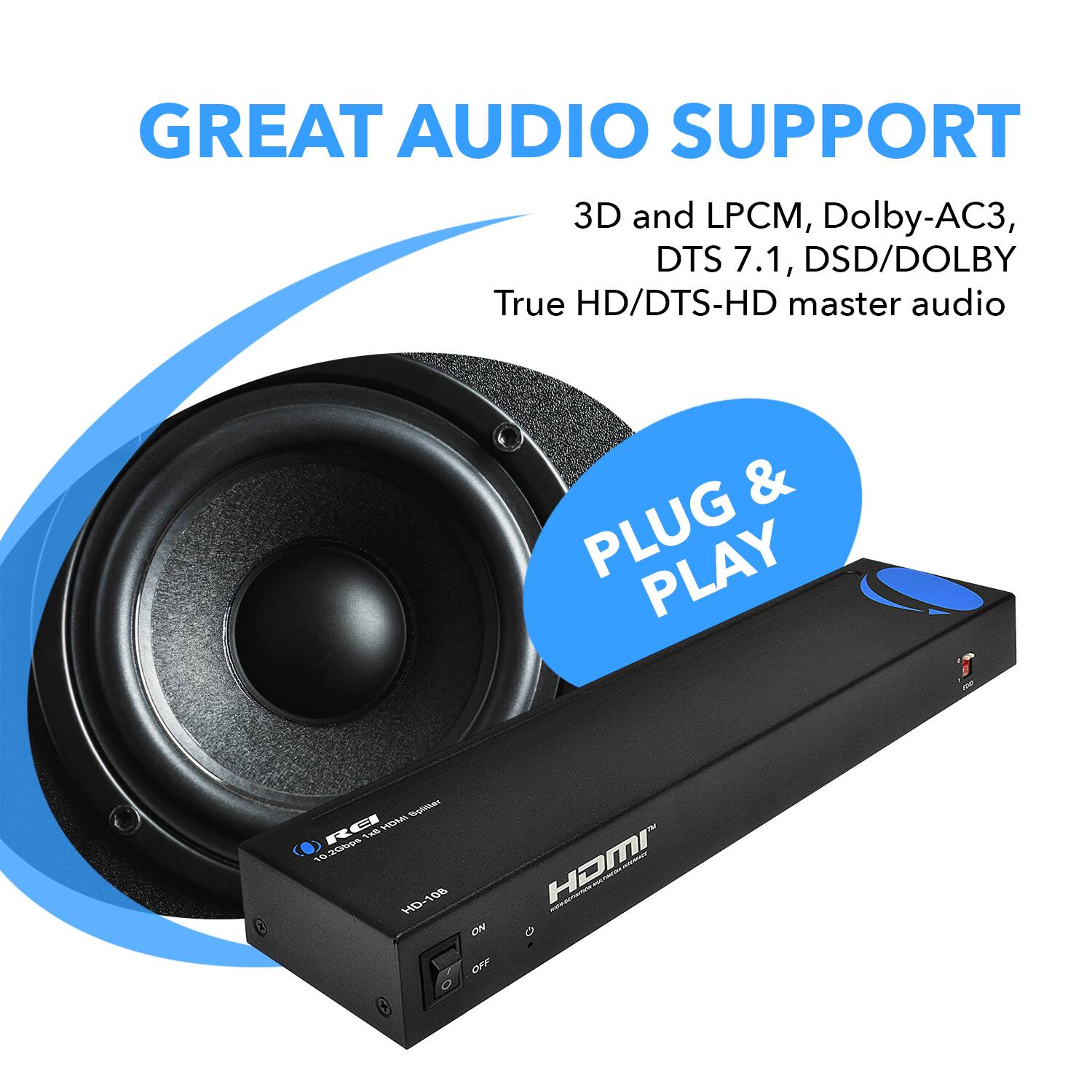 GREAT AUDIO SUPPORT 3D and LPCM, Dolby-AC3, DTS 7.1, DSD/DOLBY True HD/DTS-HD master audio & PLUG PLAY Splitter RCI HERRA TES 10 15 HONI -- HD-108 108 HO ON D OFF D