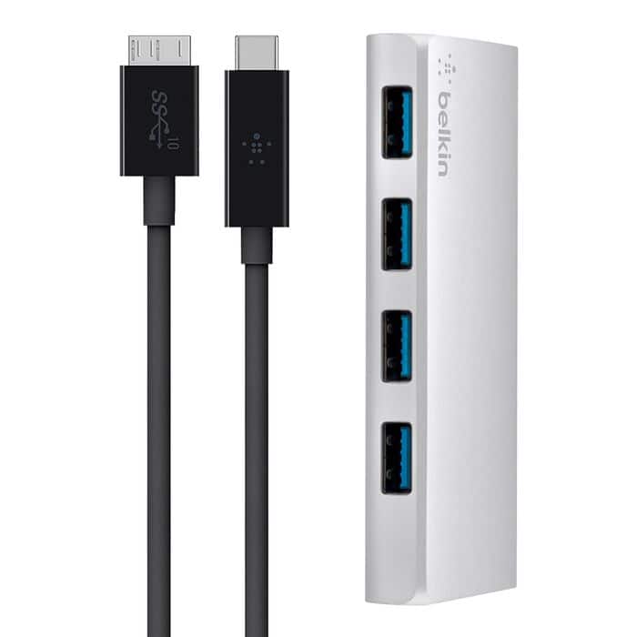Belkin - USB 3.0 4 Port Hub + USB-C Cable - Silver