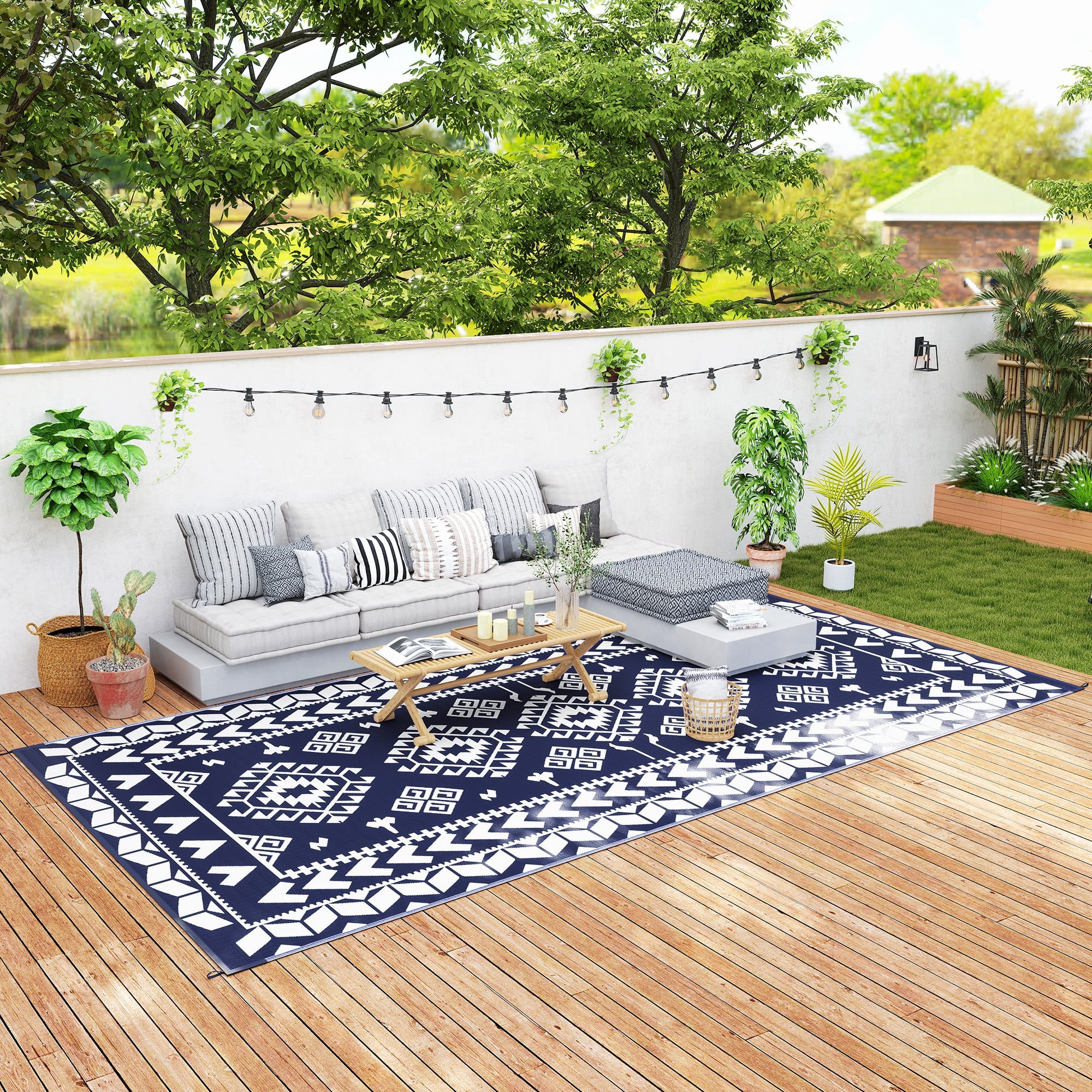Outsunny - Outdoor Rug for Patio, 9' x 18' Waterproof Large Mat, Reversible Plastic Straw Rug for Décor - Blue & White Rhombus Patchwork