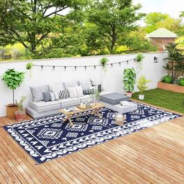 Outsunny - Outdoor Rug for Patio, 9' x 18' Waterproof Large Mat, Reversible Plastic Straw Rug for Décor - Blue & White Rhombus Patchwork