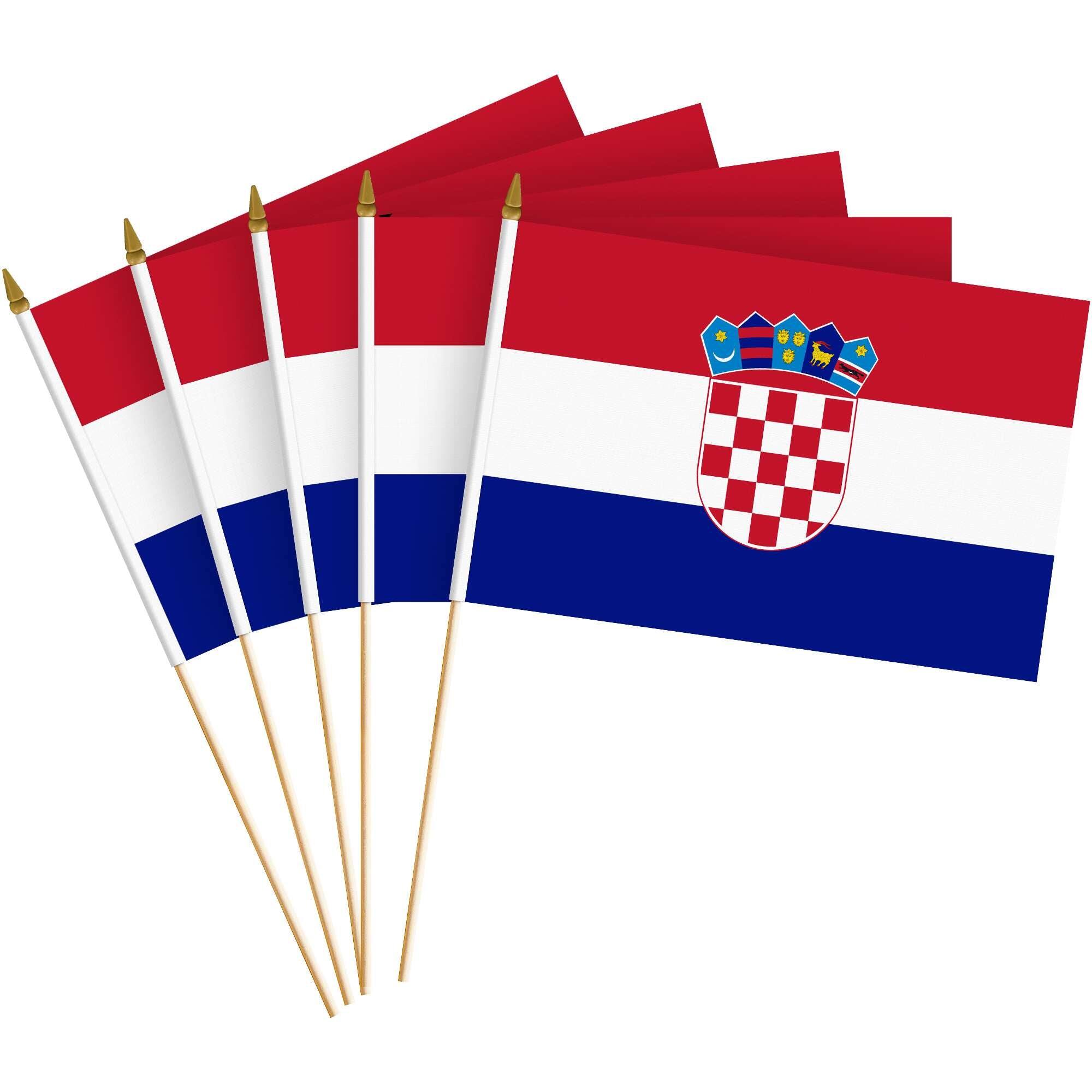Front. G128 - 10-Pack 8 x 12 in Croatia Handheld Stick Flags - Red, White, Blue.