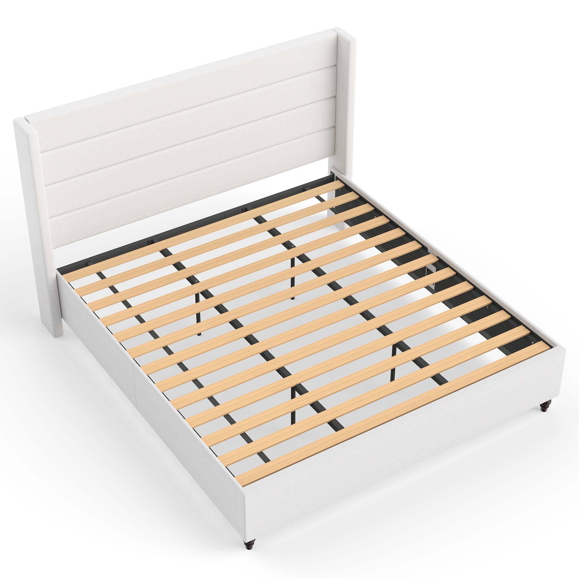 Alt View 1. Brick Attic - Solid Wood Platform Bed with High Padded Headboard,Slat Support System Eliminates Box Spring, Recessed Design Anti-Slip - White.